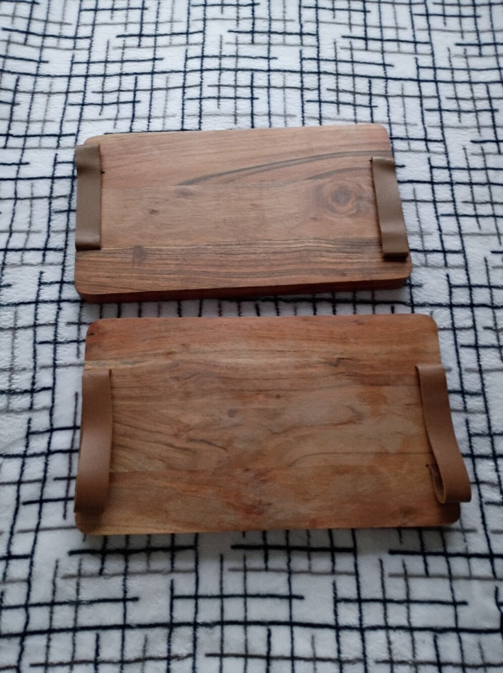 Lot of 2 Wood Serving Trays with Brown Leather Handles FLAWS